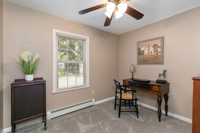 carpeted office featuring ceiling fan and a baseboard heating unit