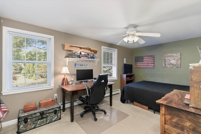 carpeted bedroom with multiple windows, ceiling fan, and a baseboard radiator