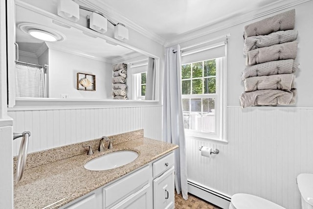 15 Surrey Ln, Sandwich, MA 02563 - full bath featuring a baseboard radiator, wainscoting, vanity, and crown molding