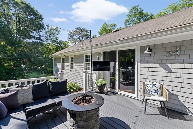 15 Surrey Ln, Sandwich, MA 02563 - wooden deck featuring an outdoor living space with a fire pit