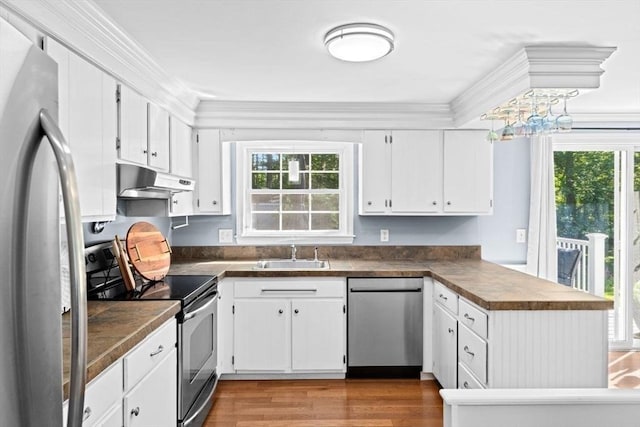 15 Surrey Ln, Sandwich, MA 02563 - kitchen with stainless steel appliances, under cabinet range hood, plenty of natural light, dark countertops, and ornamental molding