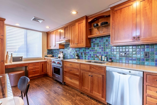 kitchen featuring appliances with stainless steel finishes, dark hardwood / wood-style floors, sink, and decorative backsplash