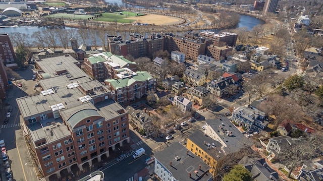 drone / aerial view with a water view