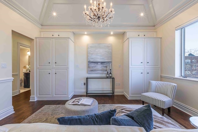 living room featuring ornamental molding, lofted ceiling, and dark hardwood / wood-style flooring