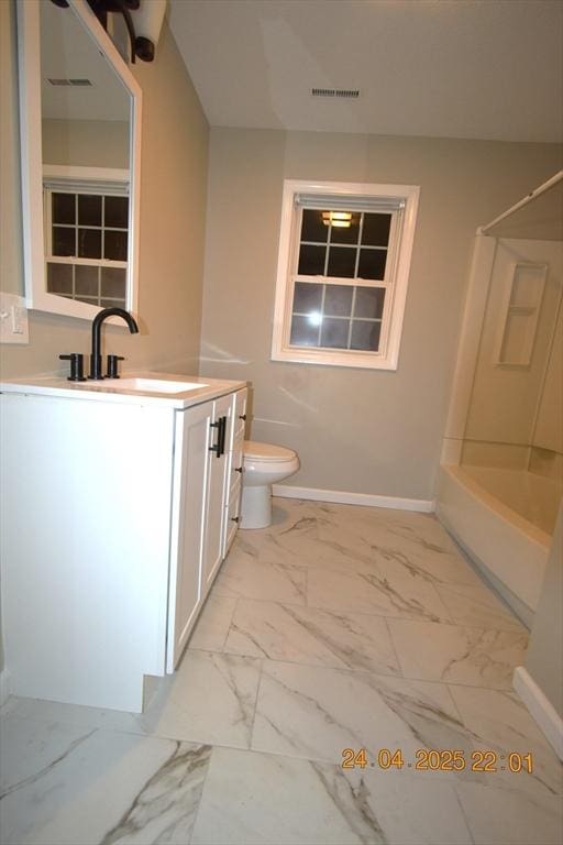 full bath with washtub / shower combination, vanity, toilet, marble finish floor, and visible vents