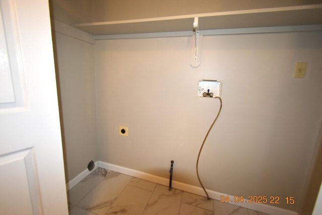 clothes washing area featuring hookup for an electric dryer, laundry area, baseboards, hookup for a washing machine, and marble finish floor