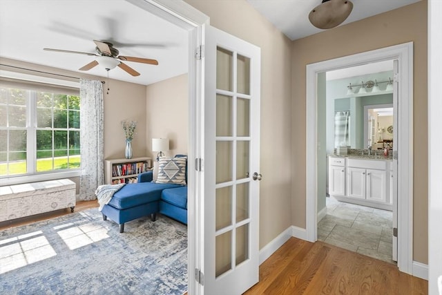 53 Gilbert Rd, Southampton, MA 01073 - living area featuring a ceiling fan, baseboards, wood finished floors, and french doors