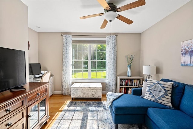 53 Gilbert Rd, Southampton, MA 01073 - living room featuring light wood-style floors, baseboards, and ceiling fan