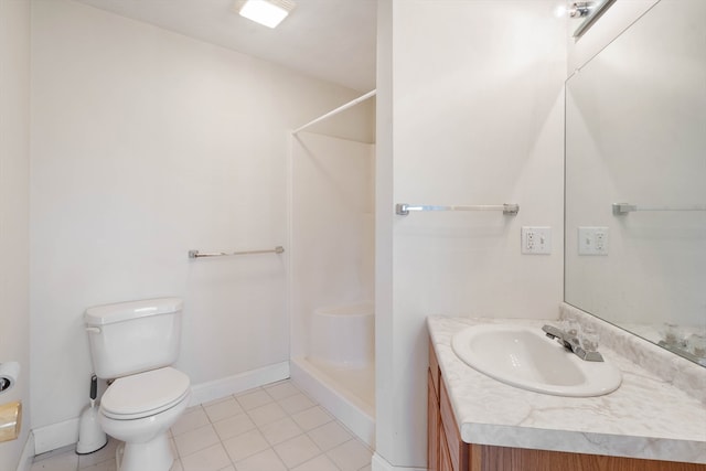 bathroom featuring tile patterned flooring, vanity, toilet, and walk in shower