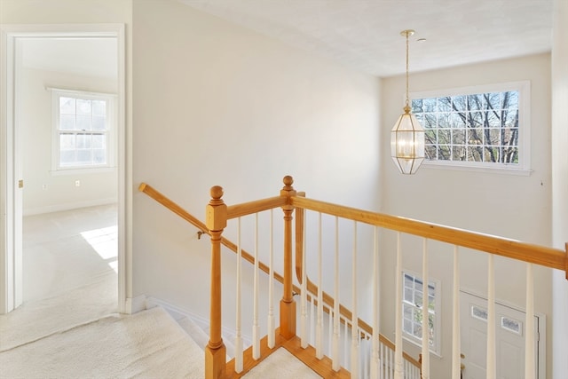 staircase featuring carpet floors, a wealth of natural light, and a chandelier