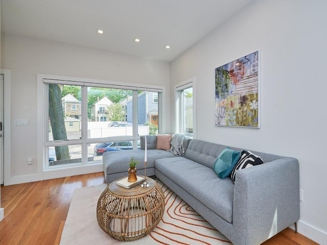 living area with recessed lighting, baseboards, and wood finished floors