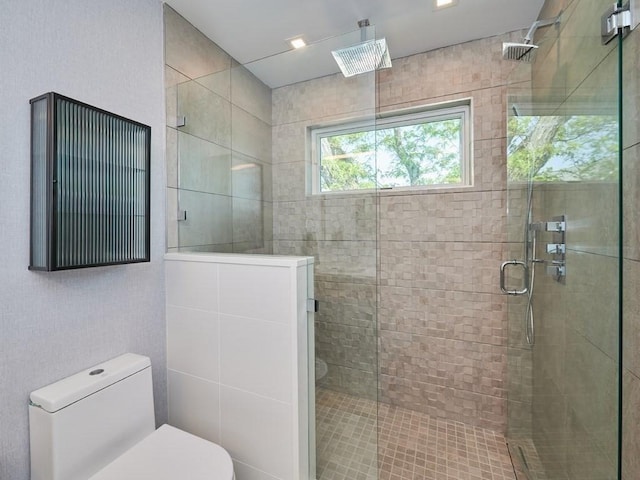 full bathroom with a shower stall and toilet