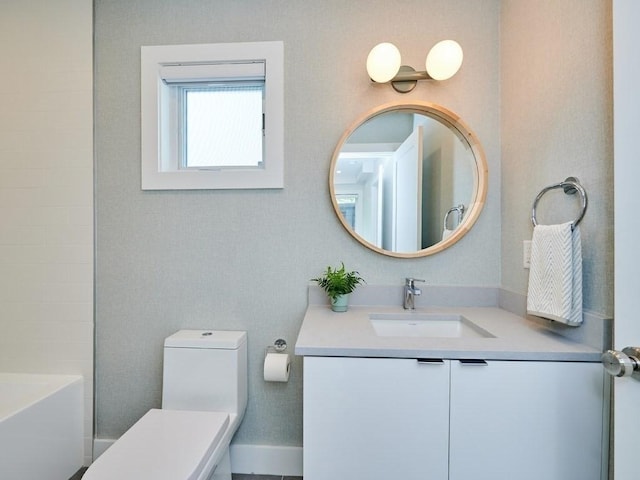 full bathroom with a shower, a bathing tub, vanity, and toilet