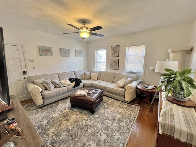 living room featuring ceiling fan and dark hardwood / wood-style floors