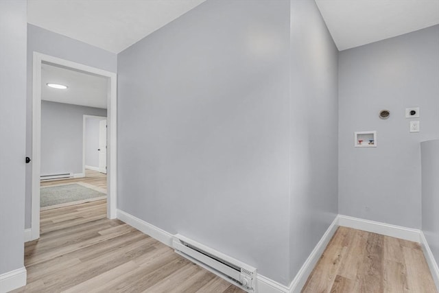 46 Curtis St, Brockton, MA 02301 - laundry room featuring electric dryer hookup, baseboard heating, light wood finished floors, and hookup for a washing machine