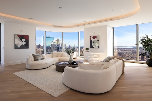 living room with light hardwood / wood-style flooring, a raised ceiling, and a wall of windows