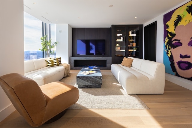 living room featuring light hardwood / wood-style floors and expansive windows