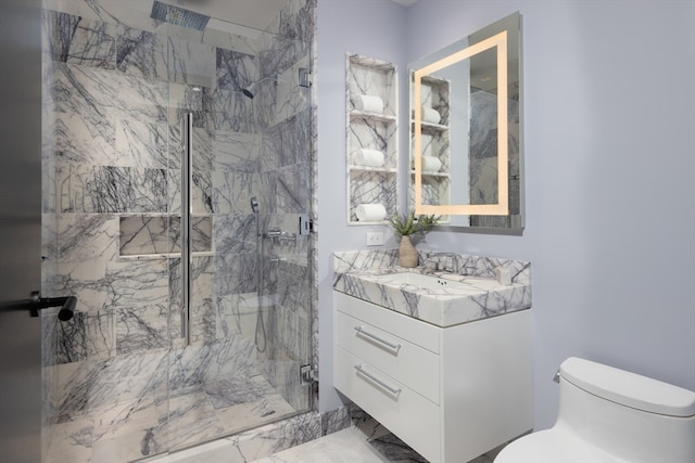 bathroom featuring walk in shower, tile flooring, toilet, and vanity