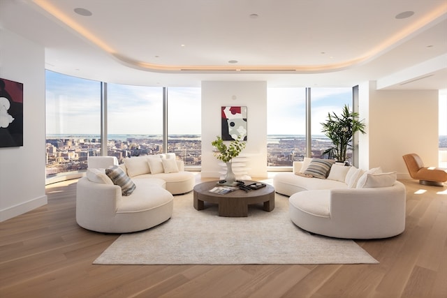 living room with floor to ceiling windows and light hardwood / wood-style floors