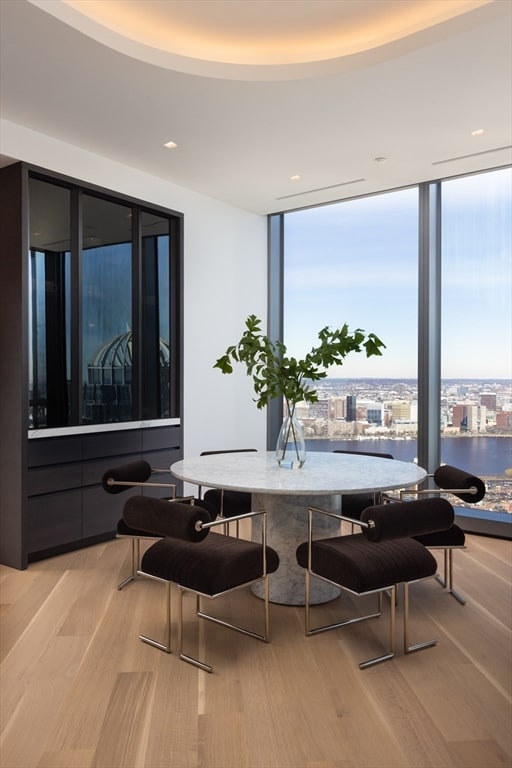 interior space with light hardwood / wood-style floors and a wall of windows