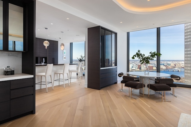 dining space with expansive windows, light hardwood / wood-style floors, and sink