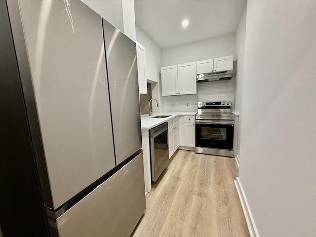 kitchen featuring under cabinet range hood, a sink, white cabinetry, appliances with stainless steel finishes, and decorative backsplash