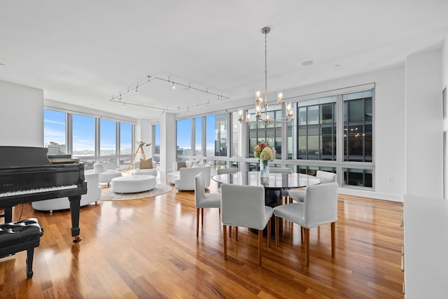 dining area featuring rail lighting, hardwood / wood-style floors, and a chandelier