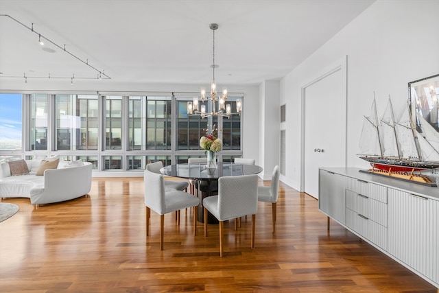 dining space with rail lighting, wood-type flooring, and a chandelier