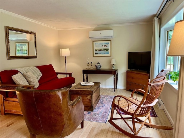 947 Burts Pit Rd, Northampton, MA 01062 - living area featuring an AC wall unit, ornamental molding, and wood finished floors