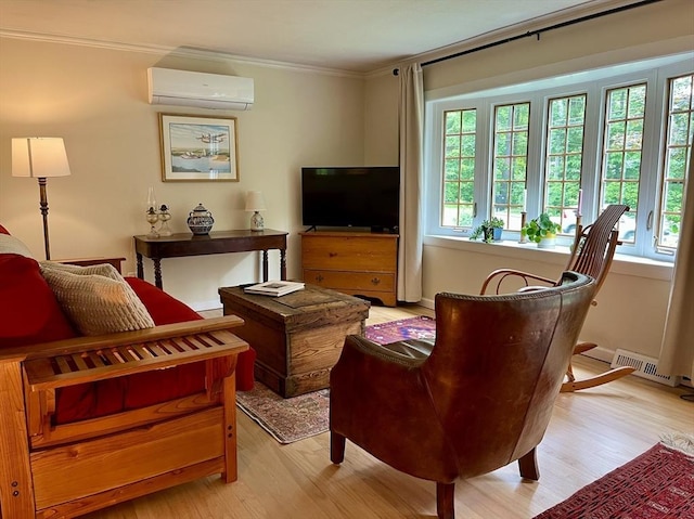 947 Burts Pit Rd, Northampton, MA 01062 - living room featuring a wall mounted air conditioner, plenty of natural light, light wood-type flooring, and ornamental molding