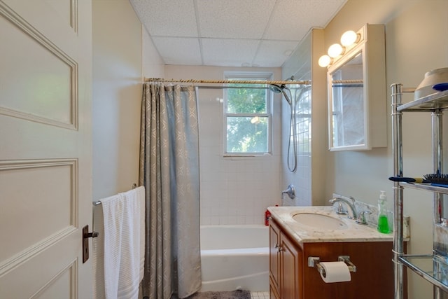 bathroom with shower / tub combo with curtain and vanity