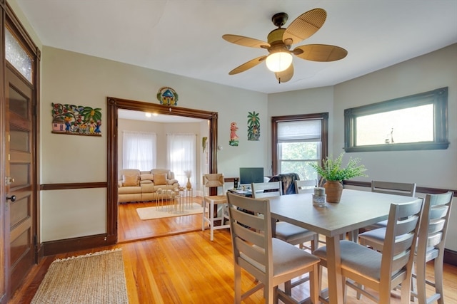 dining area with ceiling fan and hardwood / wood-style flooring