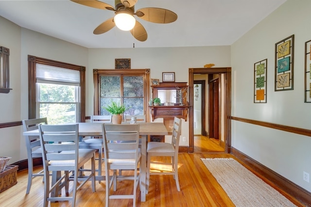 dining area featuring light hardwood / wood-style floors and ceiling fan