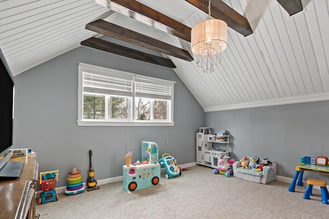 playroom with lofted ceiling with beams and carpet