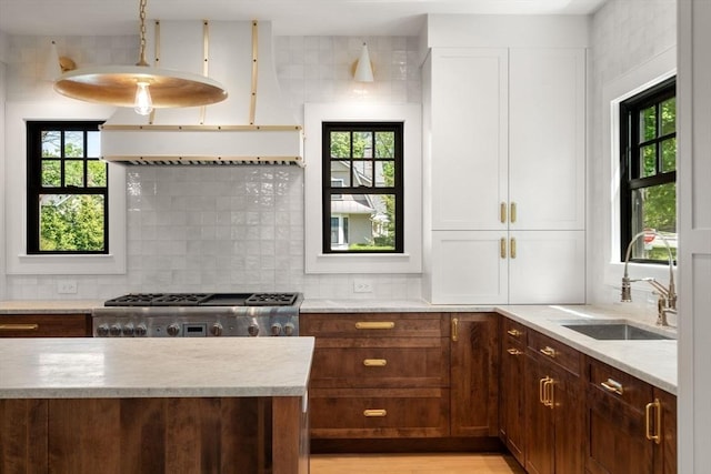 61 Westbourne Rd, Newton, MA 02459 - kitchen with a sink, light countertops, decorative backsplash, and plenty of natural light