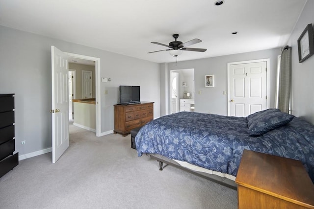 bedroom with carpet flooring, baseboards, and a ceiling fan