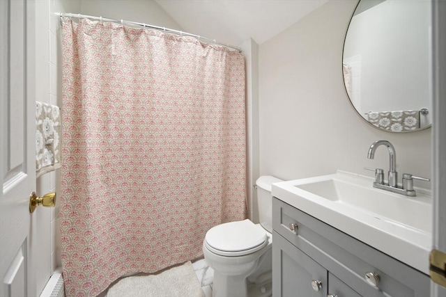 full bathroom with toilet, vanity, vaulted ceiling, and a shower with curtain