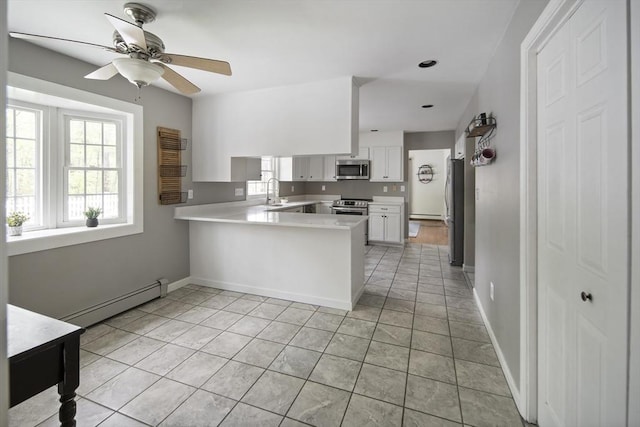 kitchen with baseboard heating, appliances with stainless steel finishes, a peninsula, white cabinetry, and a sink