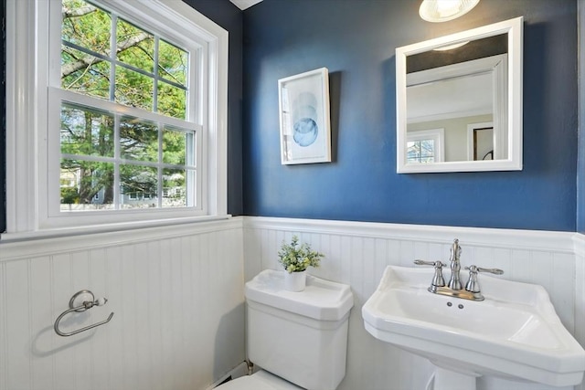half bath featuring a sink, wainscoting, and toilet