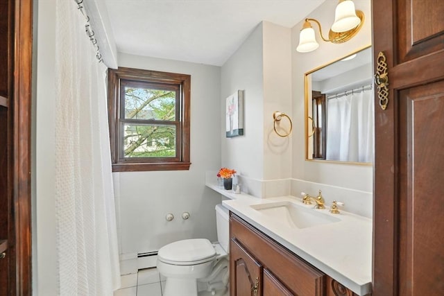 bathroom with curtained shower, vanity, tile patterned floors, a baseboard heating unit, and toilet