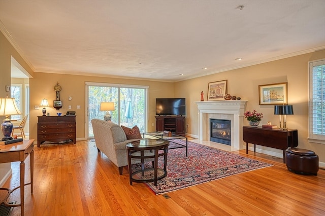 living room featuring light hardwood / wood-style floors and ornamental molding