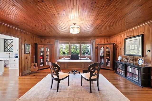 dining space with wooden walls, light hardwood / wood-style floors, and wood ceiling