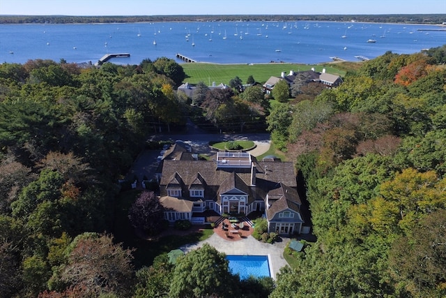 birds eye view of property featuring a water view