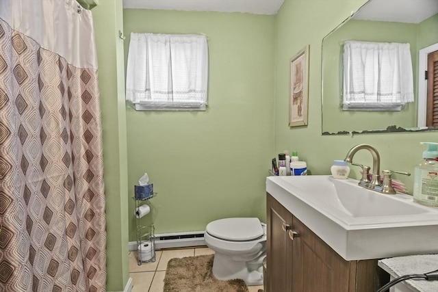 10 Gleason Rd, Shrewsbury, MA 01545 - bathroom with a baseboard heating unit, tile patterned floors, vanity, and a shower with curtain