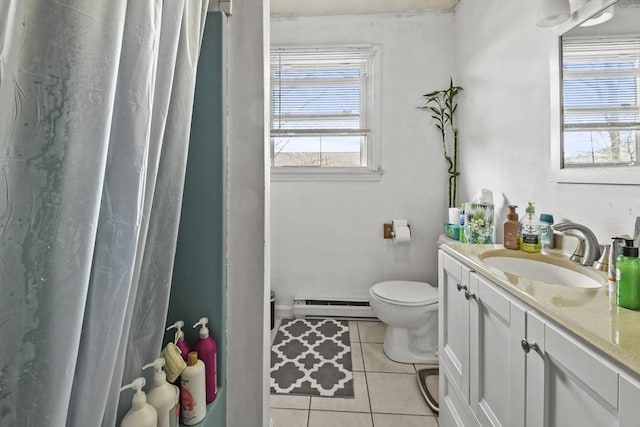 10 Gleason Rd, Shrewsbury, MA 01545 - bathroom featuring baseboard heating, tile patterned floors, vanity, and curtained shower