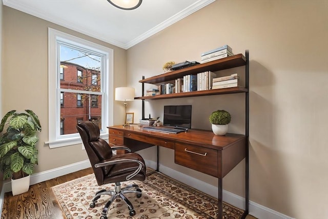 office space featuring dark hardwood / wood-style flooring and crown molding