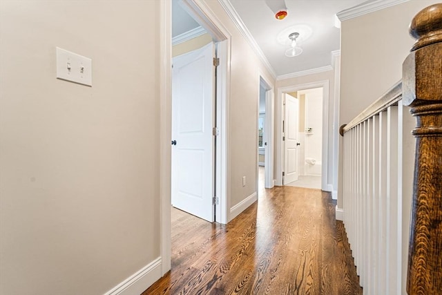 corridor featuring hardwood / wood-style floors and ornamental molding