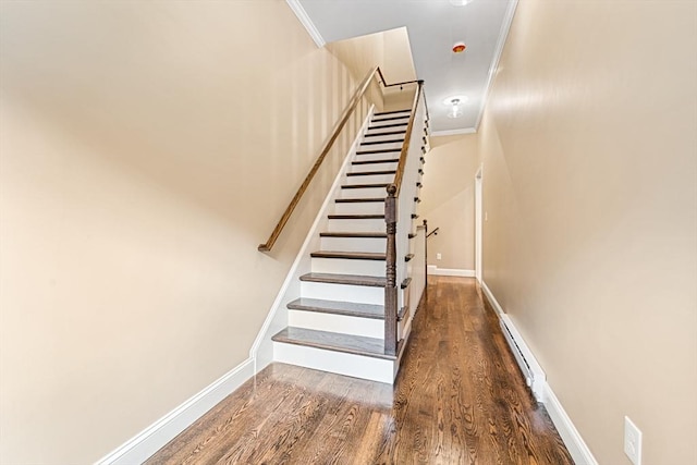 stairs featuring hardwood / wood-style floors, crown molding, and a baseboard radiator