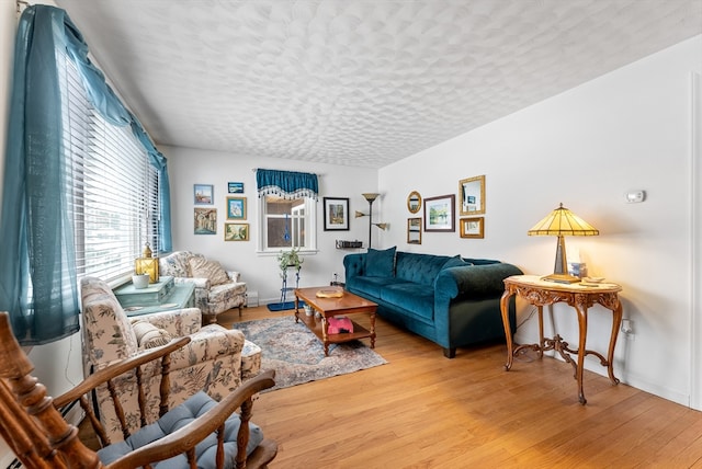 living room with a textured ceiling, baseboards, and wood finished floors