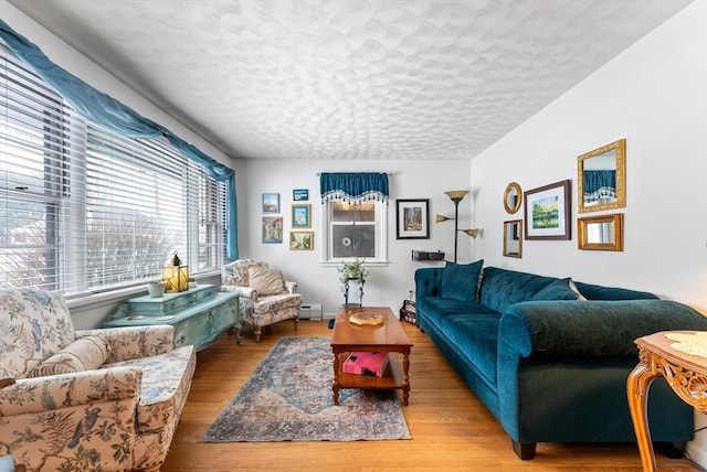 living room with a textured ceiling and light wood finished floors